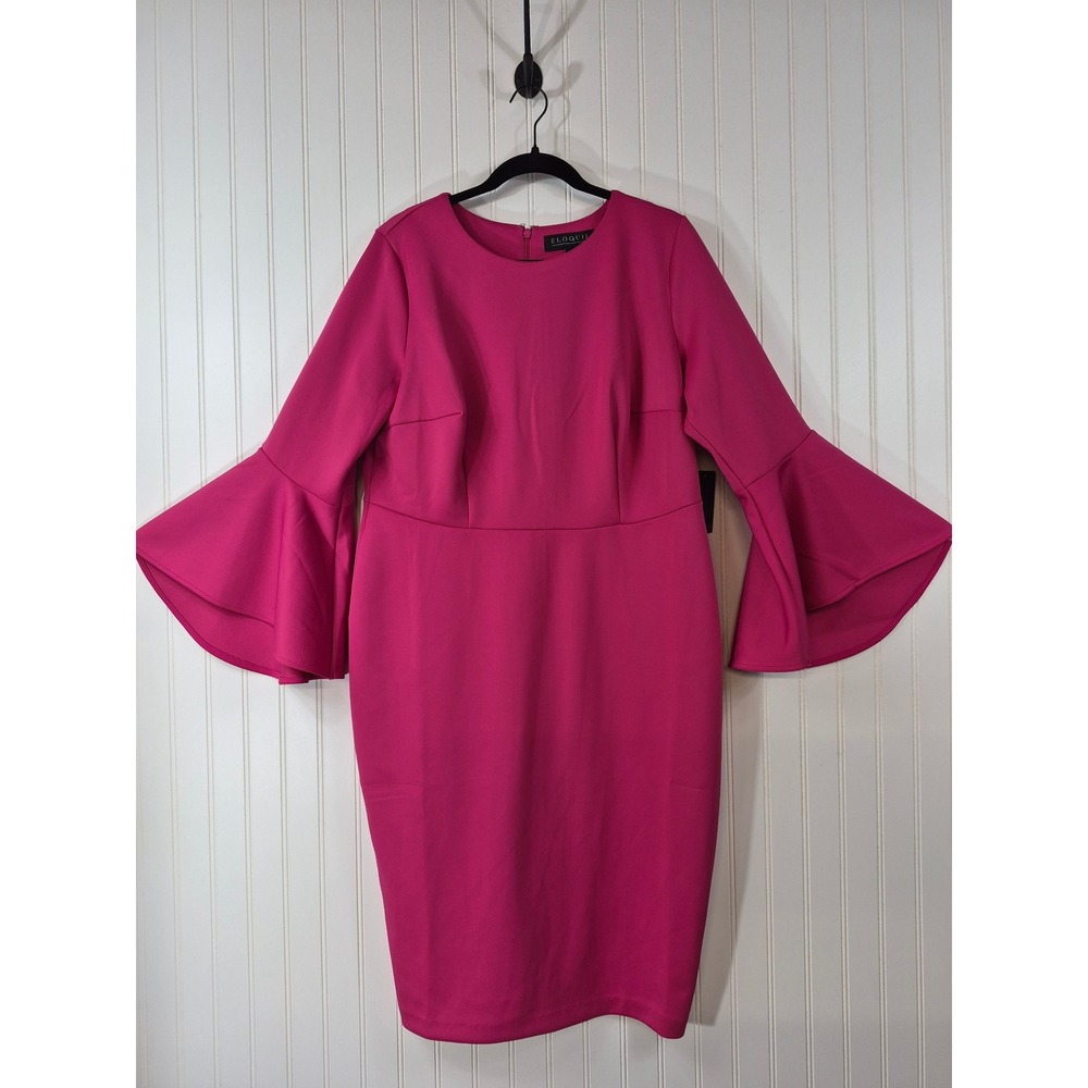 NWT Eloquii Magenta Pink Tiered Bell Sleeve Sheath Midi Dress Size 16 Luxury